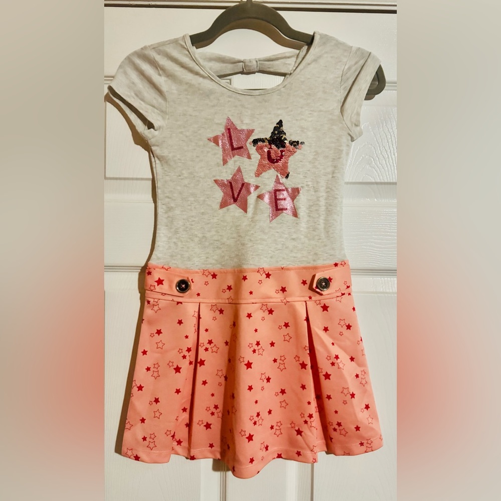 Pink and Gray Fit and Flare Dress with Flutter Sleeves